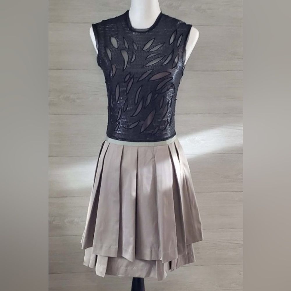 TS Three Seasons Striking Black and Taupe Sleeveless Sequin Pleated Bottom Dress